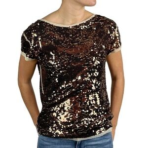 ANN TAYLOR LOFT BRONZE SEQUIN SHORT SLEEVE PARTY BLOUSE TEE SHIRT